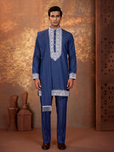 Blue silk blend yoke kurta suit with embroidered dupatta