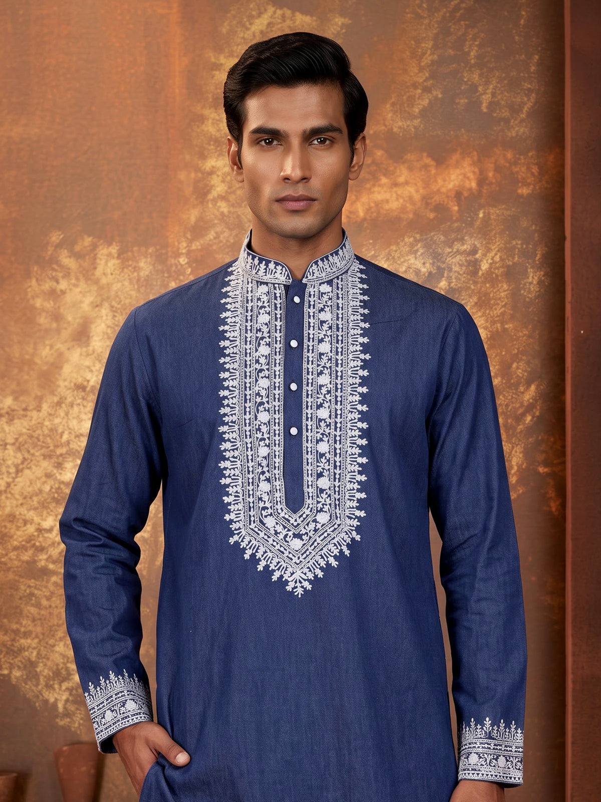 Blue silk blend yoke kurta suit with embroidered dupatta