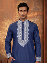 Blue silk blend yoke kurta suit with embroidered dupatta