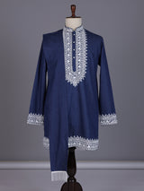Blue silk blend yoke kurta suit with embroidered dupatta