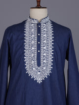 Blue silk blend yoke kurta suit with embroidered dupatta