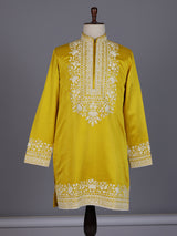 Mustard yellow silk kurta suit with ornate embellished yoke