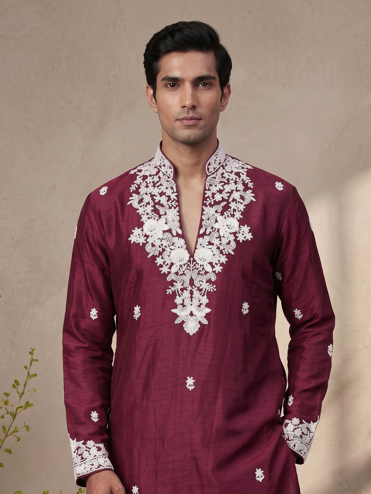 Wine silk kurta suit with intricate floral beadwork for mens