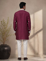 Wine silk kurta suit with intricate floral beadwork for mens