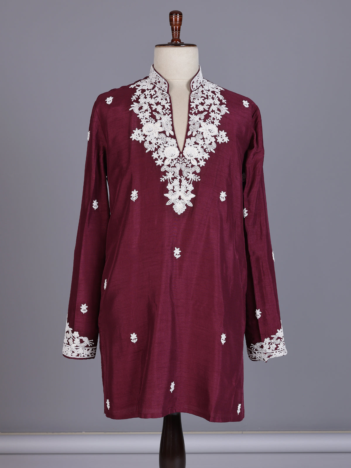 Wine silk kurta suit with intricate floral beadwork for mens