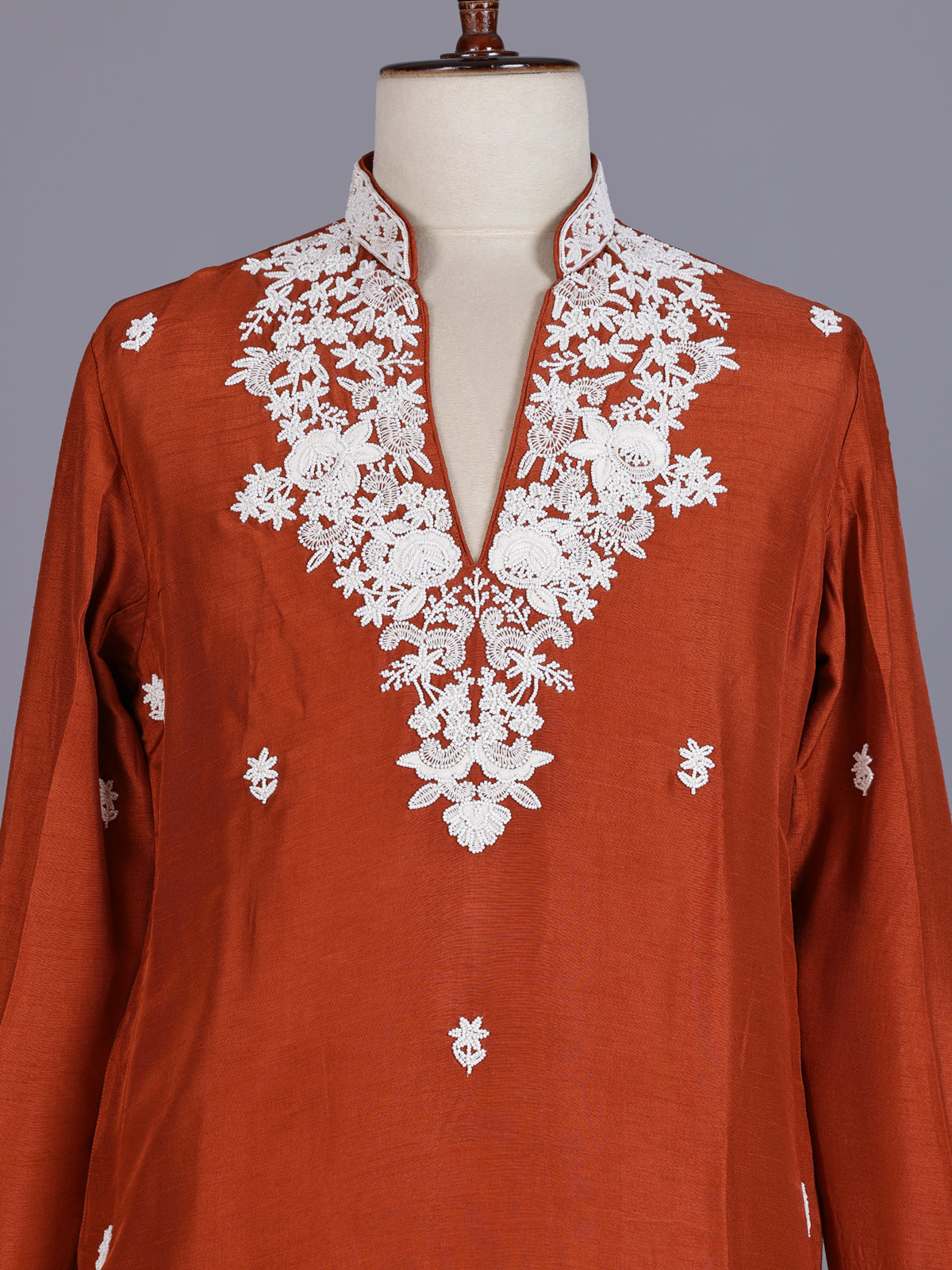 Rust orange silk kurta suit with floral bead embellishments