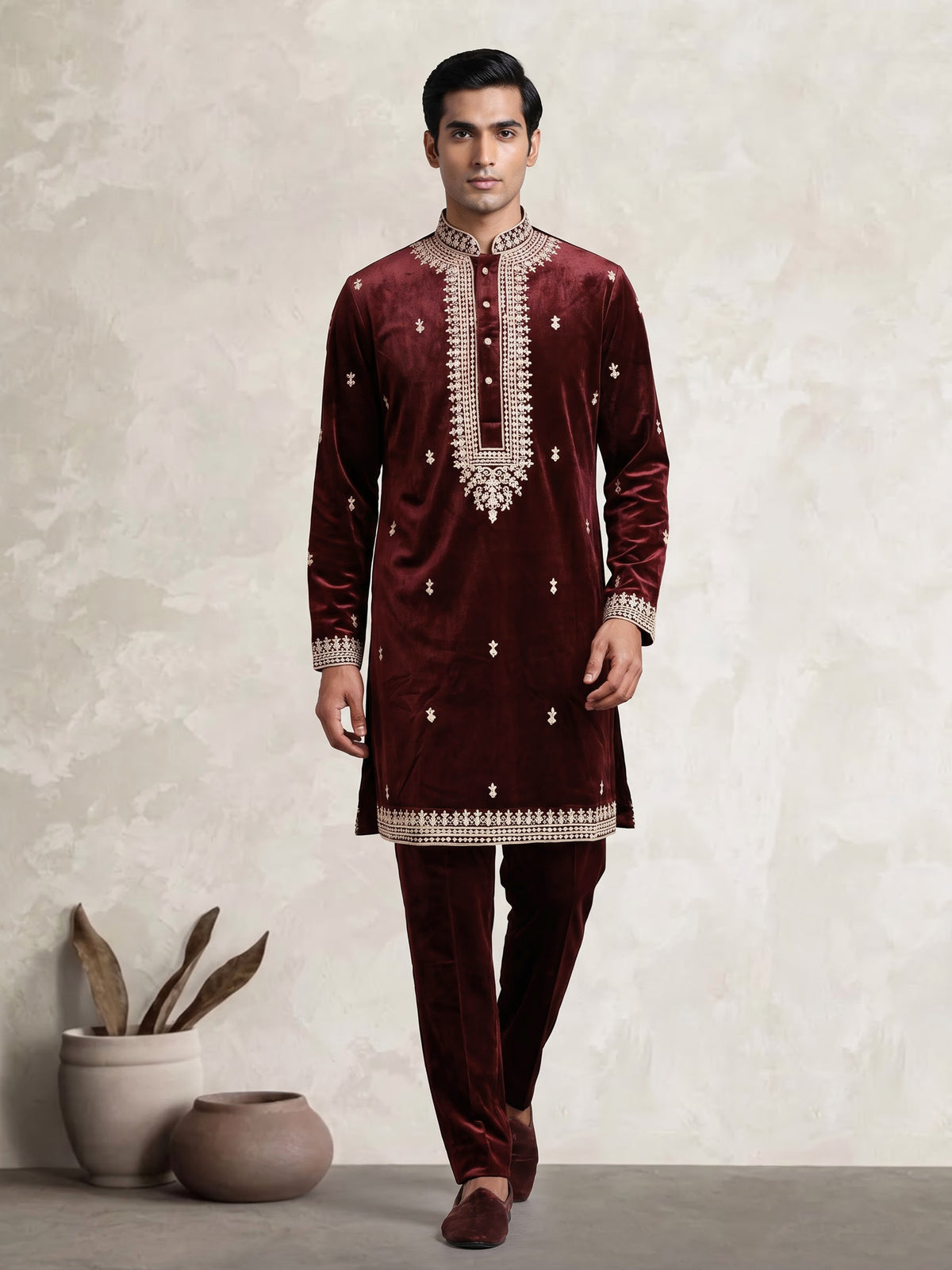 Maroon plush micro-velvet kurta suit with floral threadwork yoke