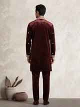 Maroon plush micro-velvet kurta suit with floral threadwork yoke