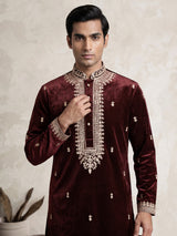 Maroon plush micro-velvet kurta suit with floral threadwork yoke