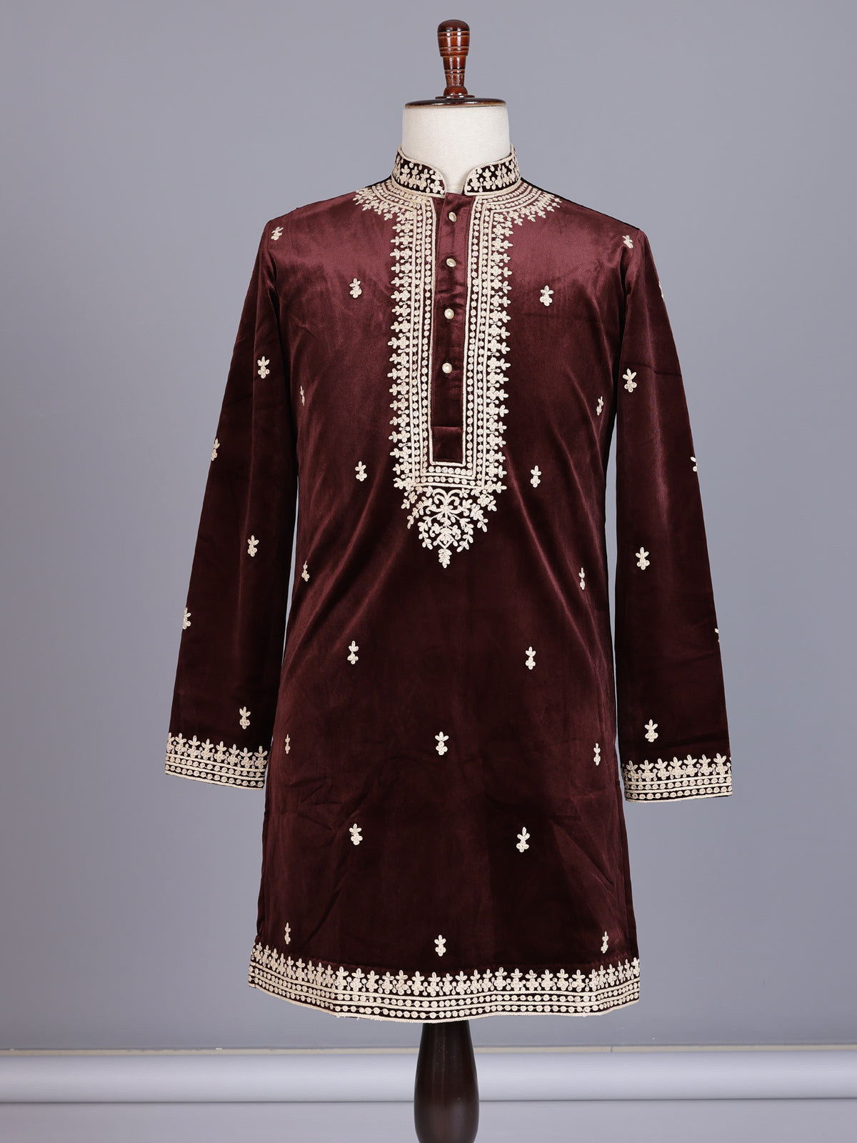 Maroon plush micro-velvet kurta suit with floral threadwork yoke