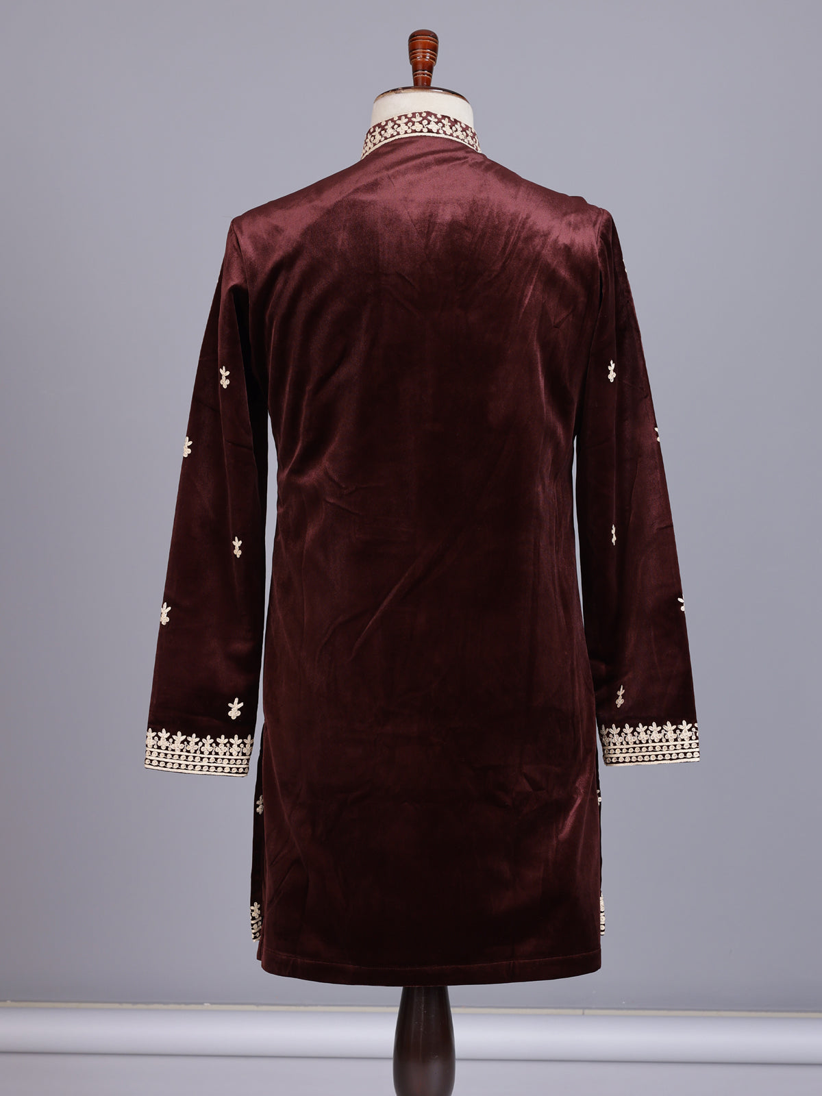 Maroon plush micro-velvet kurta suit with floral threadwork yoke