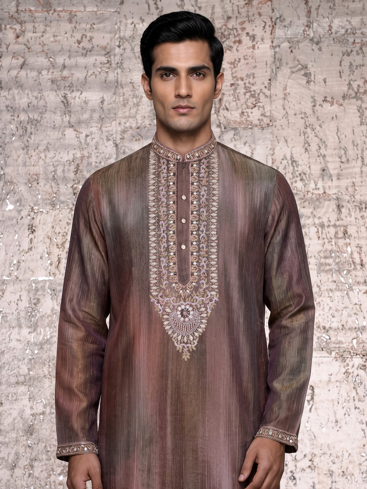 Pastel brown silk yoke kurta suit with zardosi pearl detailing