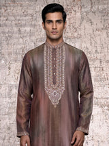 Pastel brown silk yoke kurta suit with zardosi pearl detailing