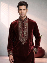 Maroon premium silk blend kurta suit with antique gold yoke