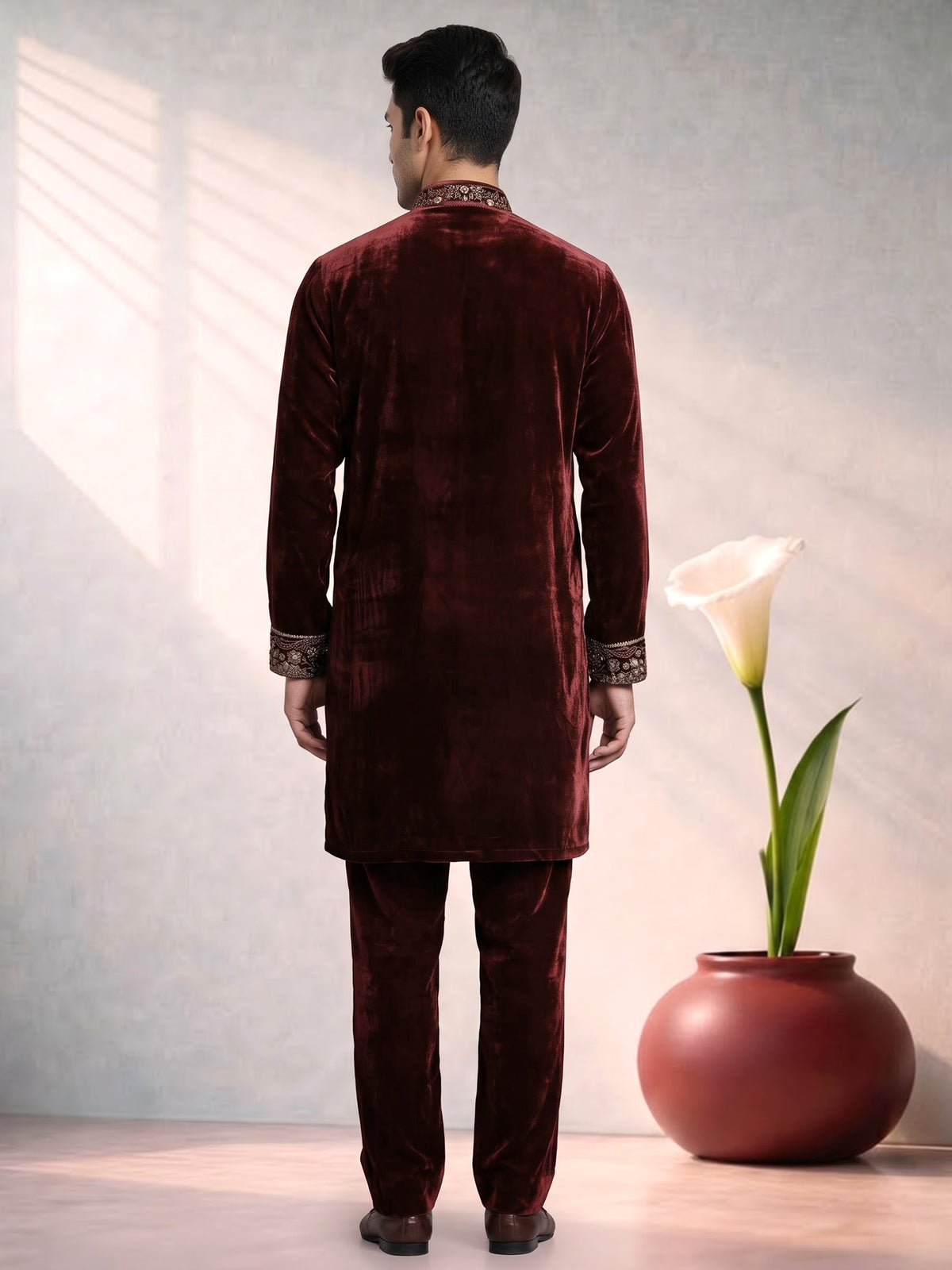 Maroon premium silk blend kurta suit with antique gold yoke