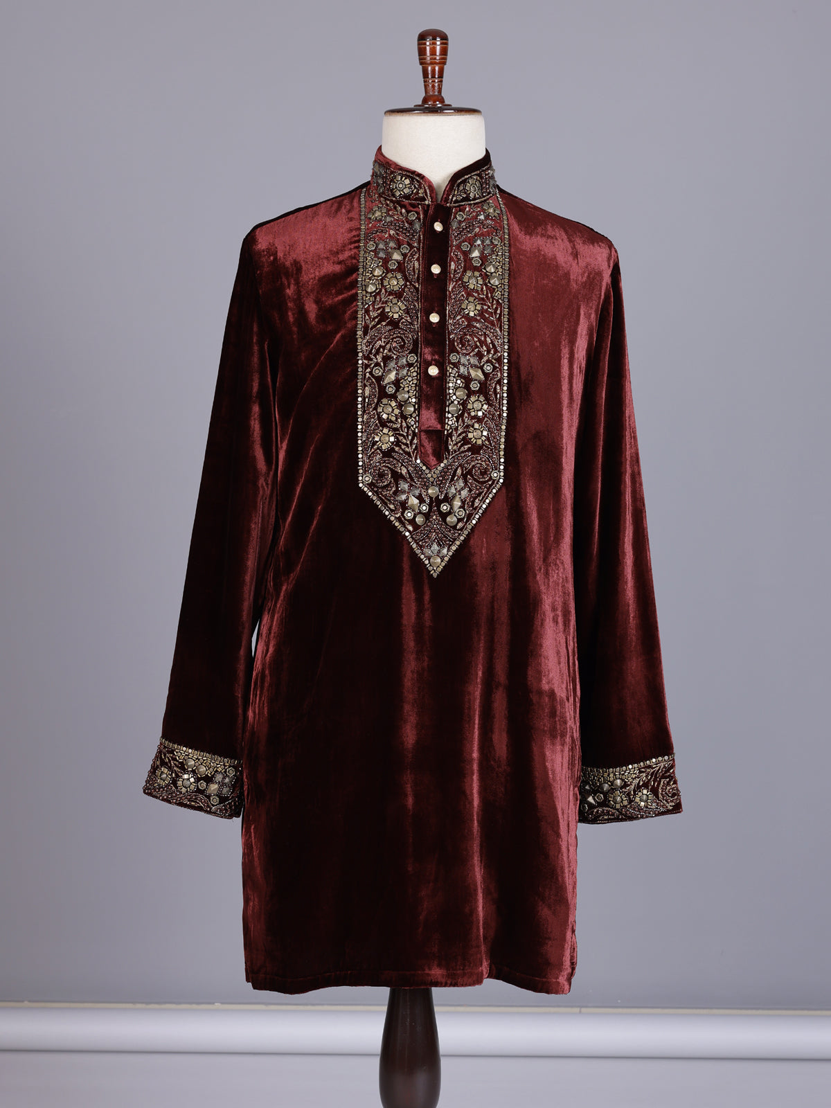Maroon premium silk blend kurta suit with antique gold yoke