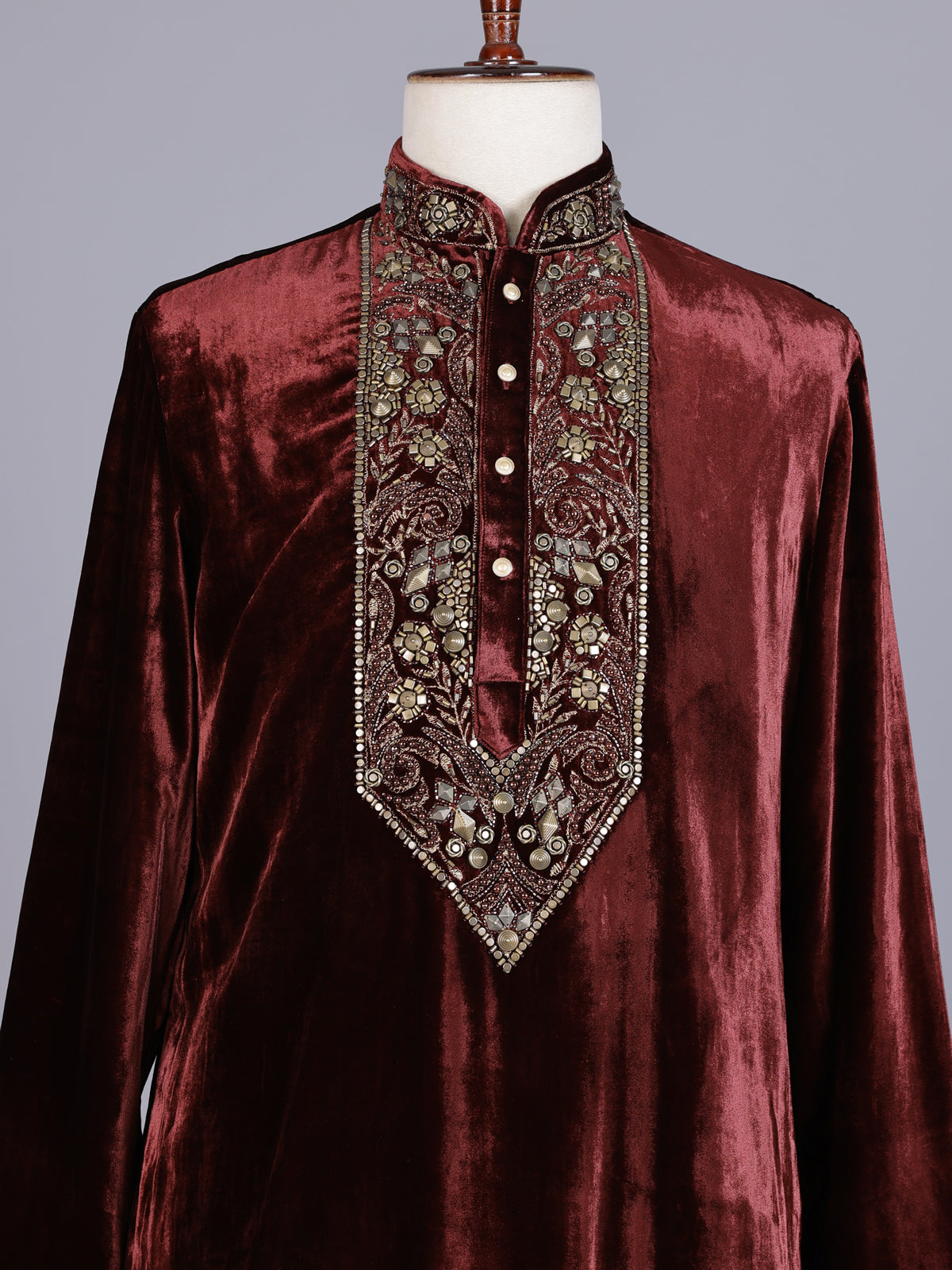 Maroon premium silk blend kurta suit with antique gold yoke