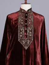 Maroon premium silk blend kurta suit with antique gold yoke