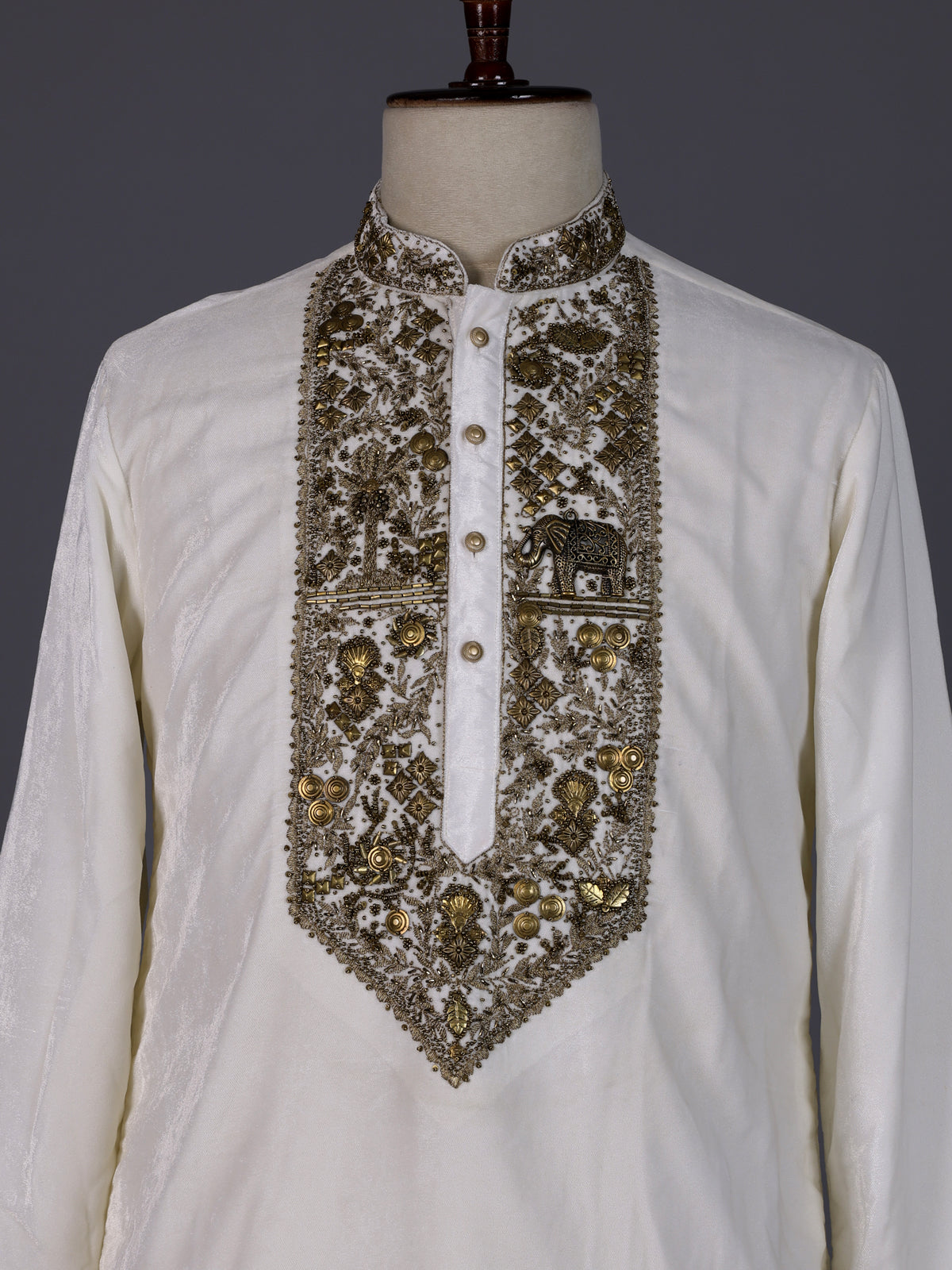 Cream premium silk blend kurta suit with elephant yoke