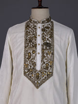 Cream premium silk blend kurta suit with elephant yoke