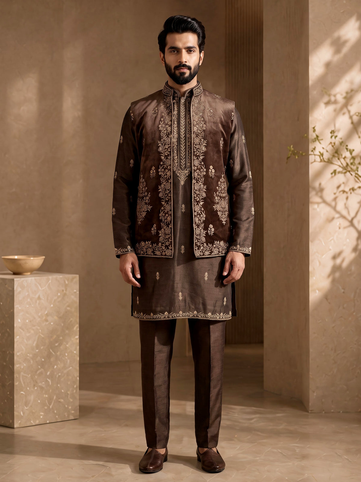 Brown embroidered cotton silk blend waistcoat set for mens weddings