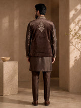 Brown embroidered cotton silk blend waistcoat set for mens weddings