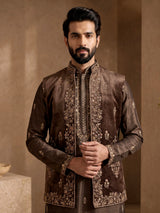 Brown embroidered cotton silk blend waistcoat set for mens weddings