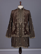 Brown embroidered cotton silk blend waistcoat set for mens weddings