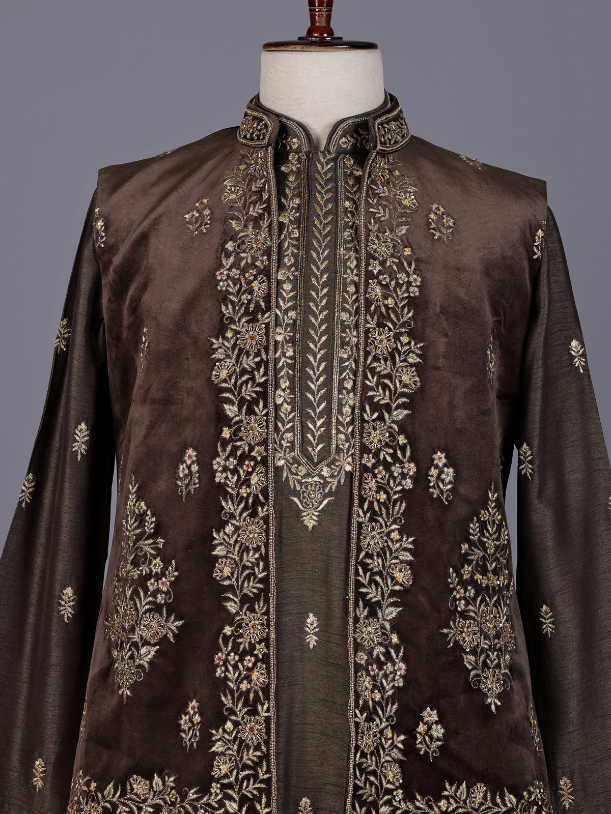 Brown embroidered cotton silk blend waistcoat set for mens weddings