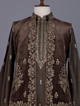 Brown embroidered cotton silk blend waistcoat set for mens weddings