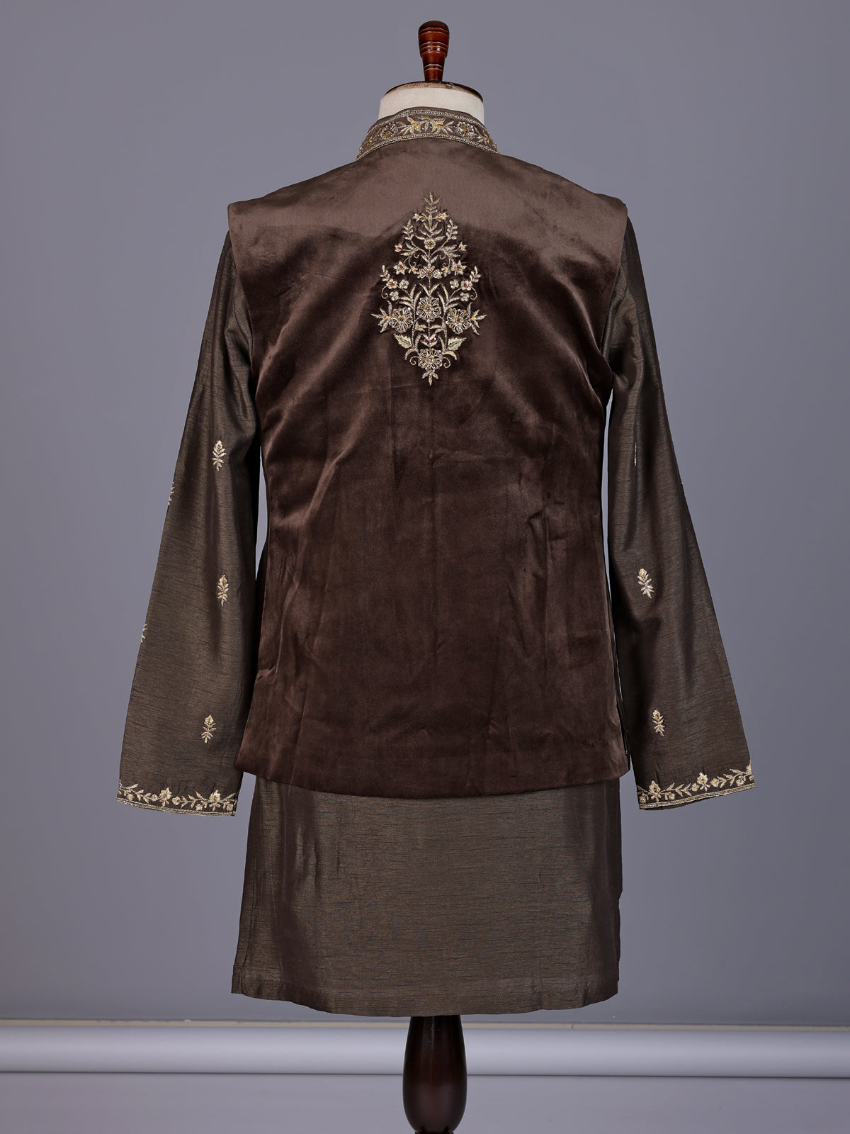 Brown embroidered cotton silk blend waistcoat set for mens weddings