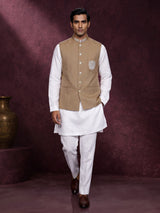 Khaki and white textured cotton-silk waistcoat set for mens festivities