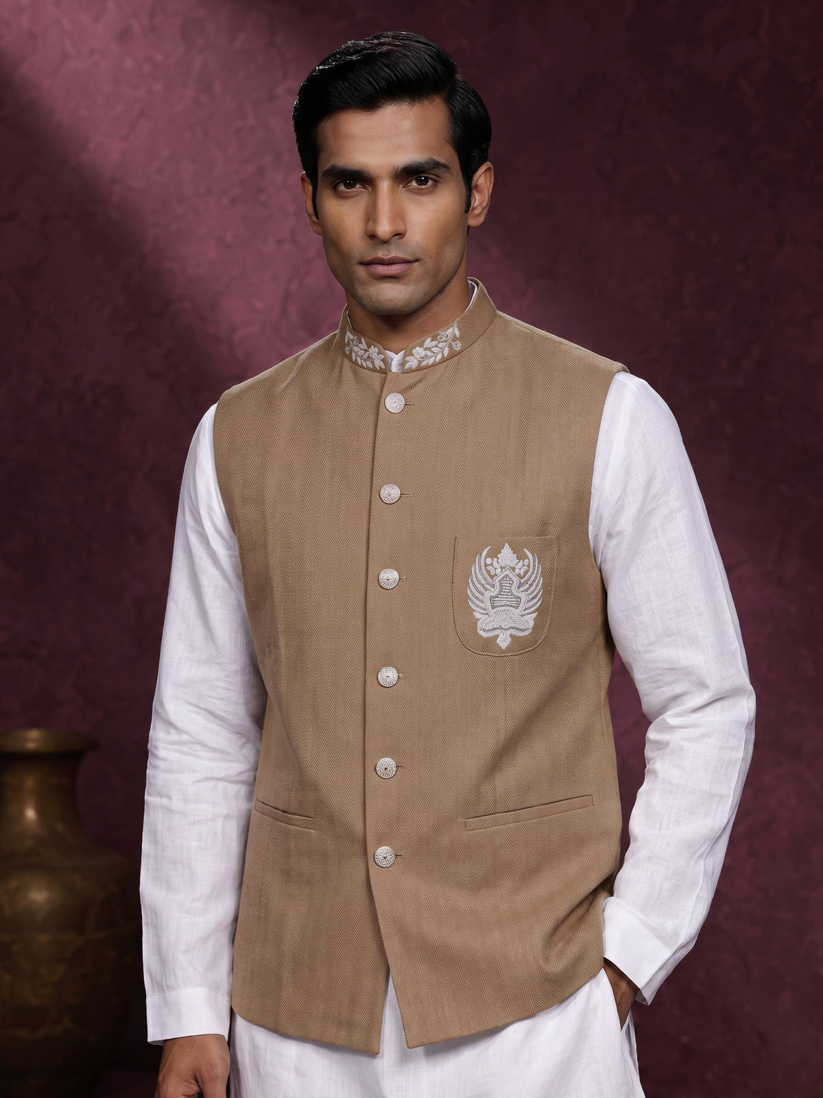 Khaki and white textured cotton-silk waistcoat set for mens festivities