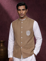 Khaki and white textured cotton-silk waistcoat set for mens festivities