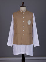 Khaki and white textured cotton-silk waistcoat set for mens festivities