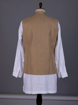 Khaki and white textured cotton-silk waistcoat set for mens festivities