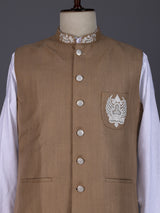 Khaki and white textured cotton-silk waistcoat set for mens festivities