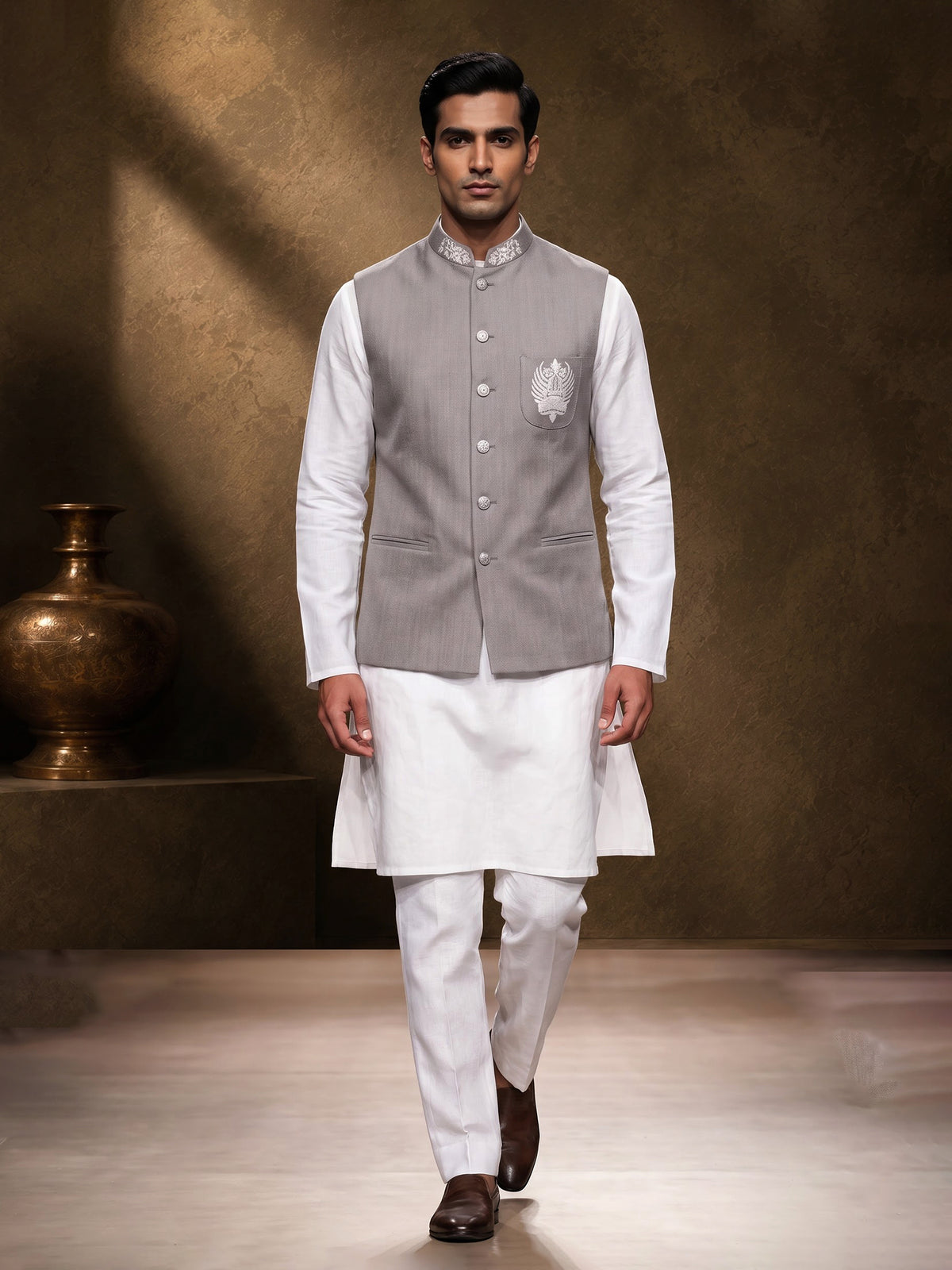 Grey and white textured cotton-silk waistcoat set with ornate buttons