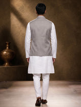 Grey and white textured cotton-silk waistcoat set with ornate buttons