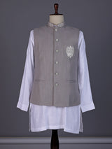 Grey and white textured cotton-silk waistcoat set with ornate buttons