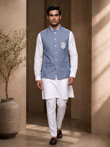 Stone grey and white textured cotton-silk waistcoat set for mens weddings