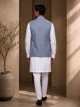 Stone grey and white textured cotton-silk waistcoat set for mens weddings