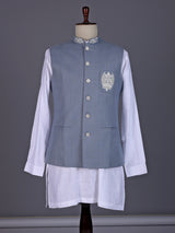 Stone grey and white textured cotton-silk waistcoat set for mens weddings