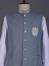 Stone grey and white textured cotton-silk waistcoat set for mens weddings