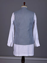 Stone grey and white textured cotton-silk waistcoat set for mens weddings