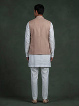 Onion pink and white textured cotton-silk waistcoat set for mens celebrations