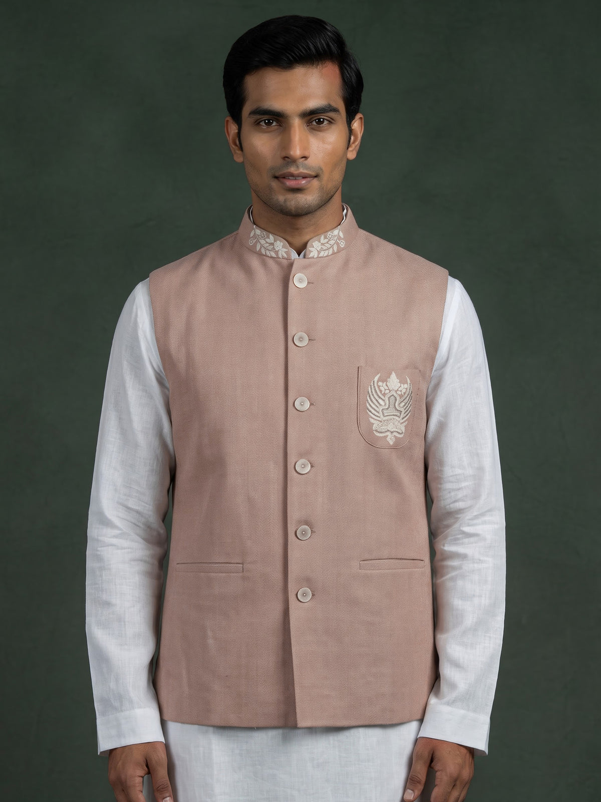 Onion pink and white textured cotton-silk waistcoat set for mens celebrations