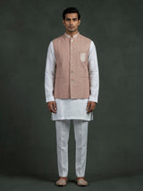 Onion pink and white textured cotton-silk waistcoat set for mens celebrations