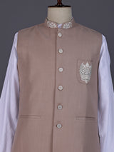 Onion pink and white textured cotton-silk waistcoat set for mens celebrations