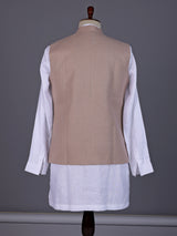 Onion pink and white textured cotton-silk waistcoat set for mens celebrations